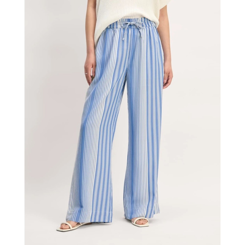 Everlane Blue White Striped Wide Leg Tencel Pants XL Elastic Drawstring Waist